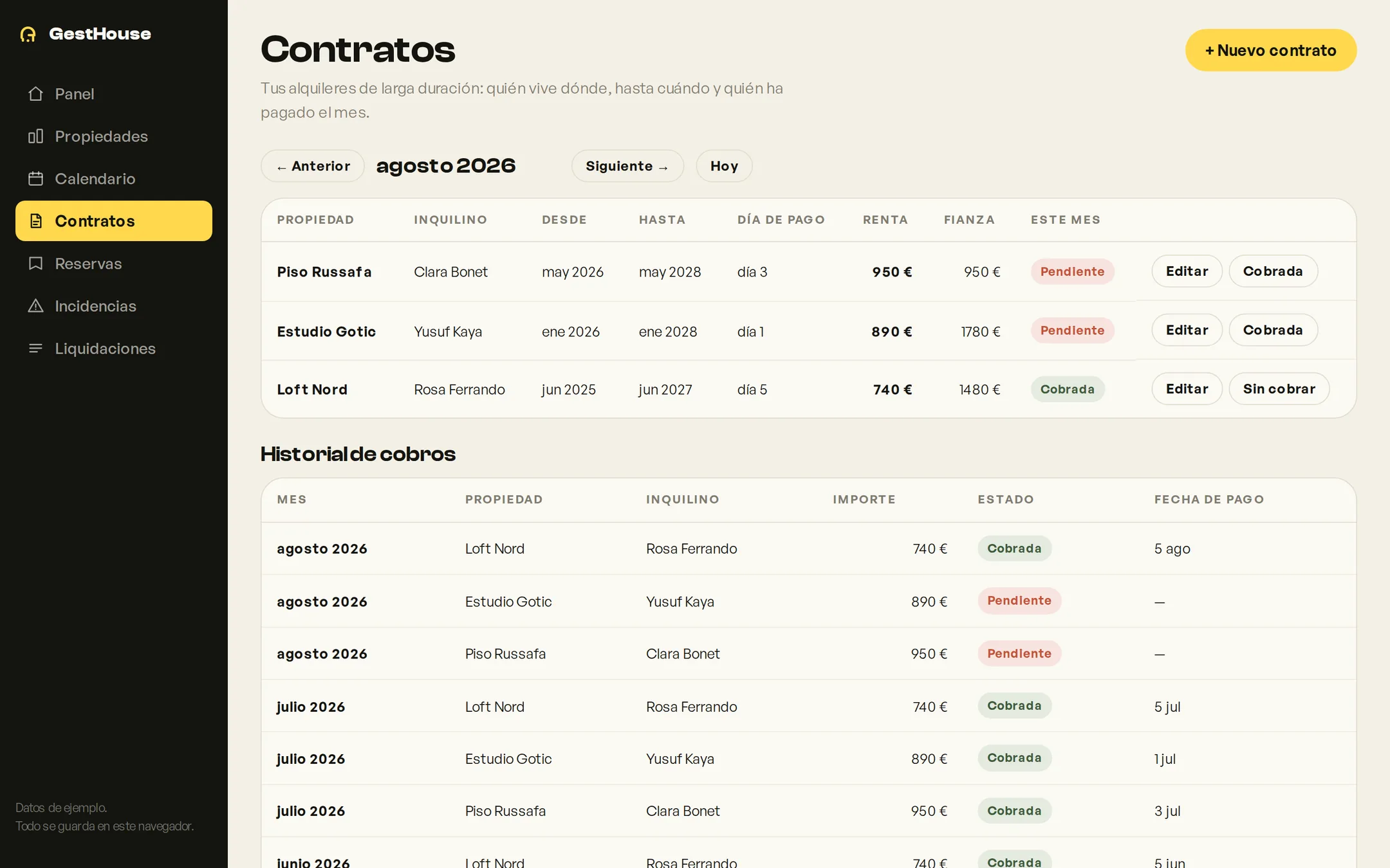 Pantalla de contratos de GestHouse con los inquilinos, la renta de cada uno y el historial de cobros