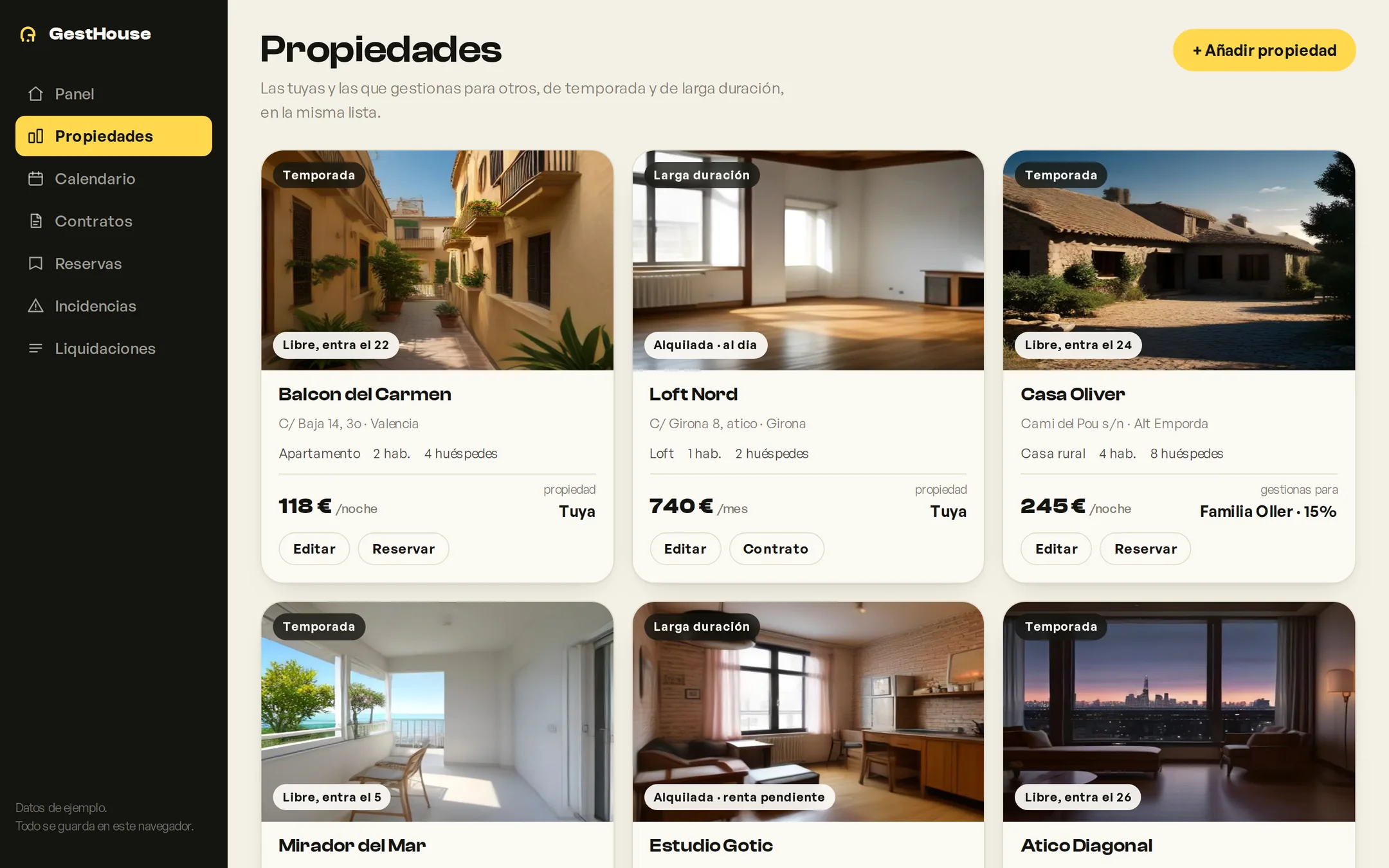 Fichas de las propiedades de GestHouse, cada una marcada como temporada o larga duración
