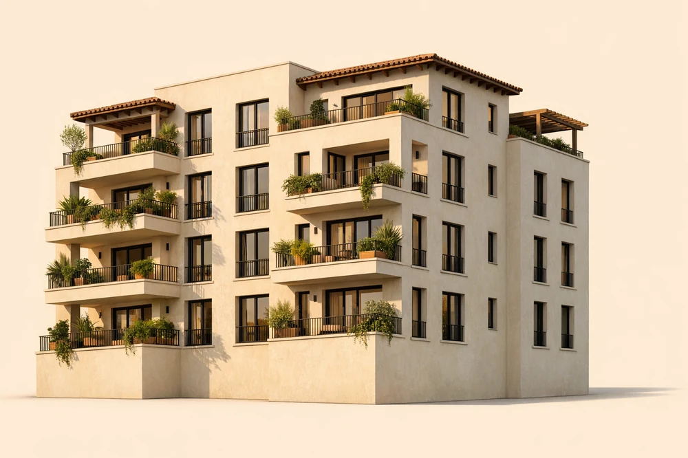 Edificio de viviendas mediterráneo con pisos de alquiler de larga duración
